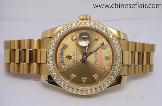 Day-Date Rolex Watch Replica: Yellow Gold Diamond Mens Size